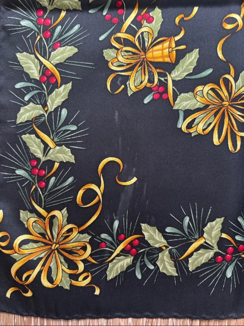 Vintage Oscar de la Renta silk scarf, Holiday/Christmas Wreath/Bell 11.5” x 53”